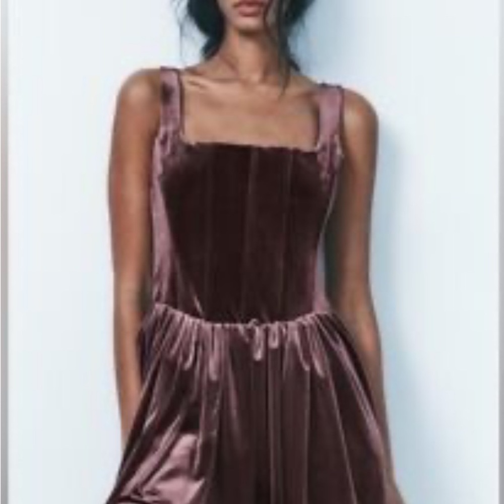 Zara Brown Pleated Bustier Mini Dress